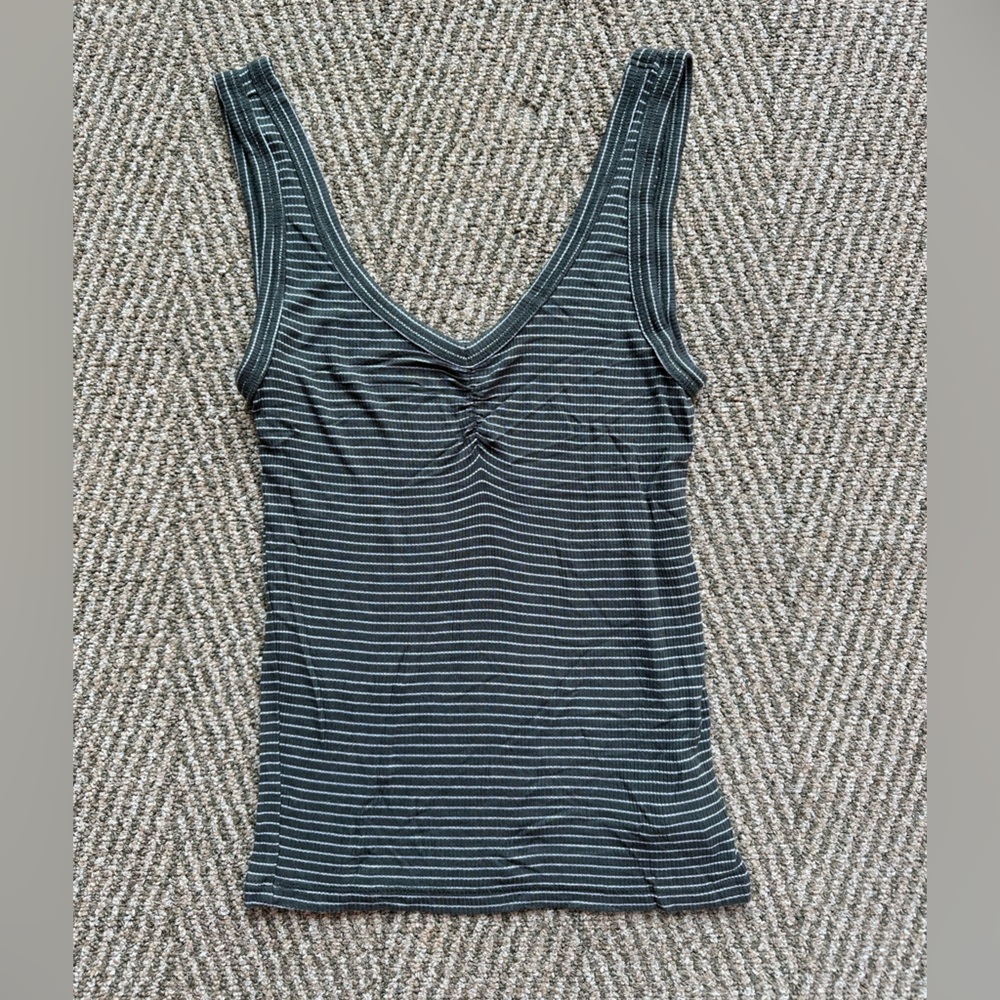 American Eagle Green and White Horizontal Striped Tank Top - XS